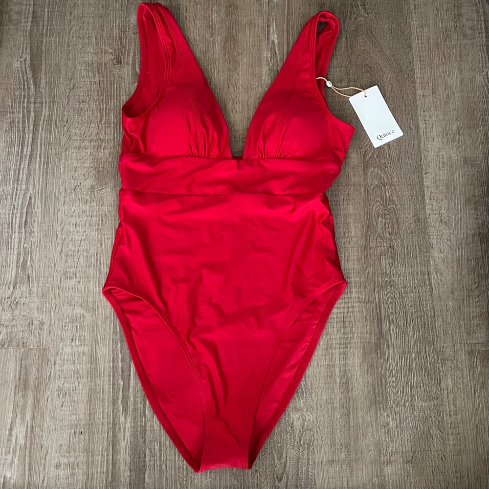 NWT Quince Italian Plunge One Piece Swimsuit Small Cherry Red Swim Vacation